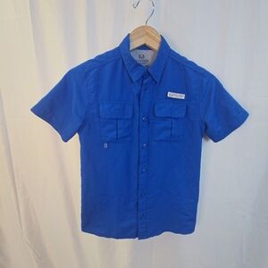 Realtree Fishing Shirt Youth Large Blue Short Sleeve Button Up Vented Fishing